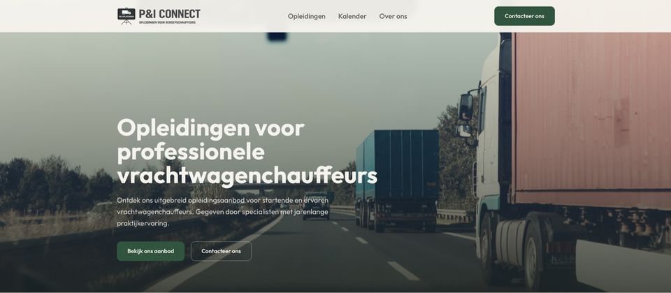 Website van P&I Connect, opleidingen voor vrachtwagenchauffeurs